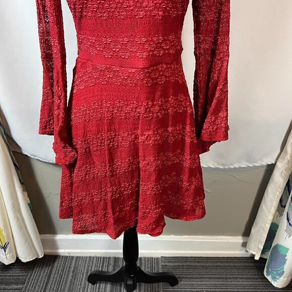 Love Reign Red Lace Fit & Flare Dress | Bell Sleeve Mini | Rust Orange-Red - Picture 4 of 10